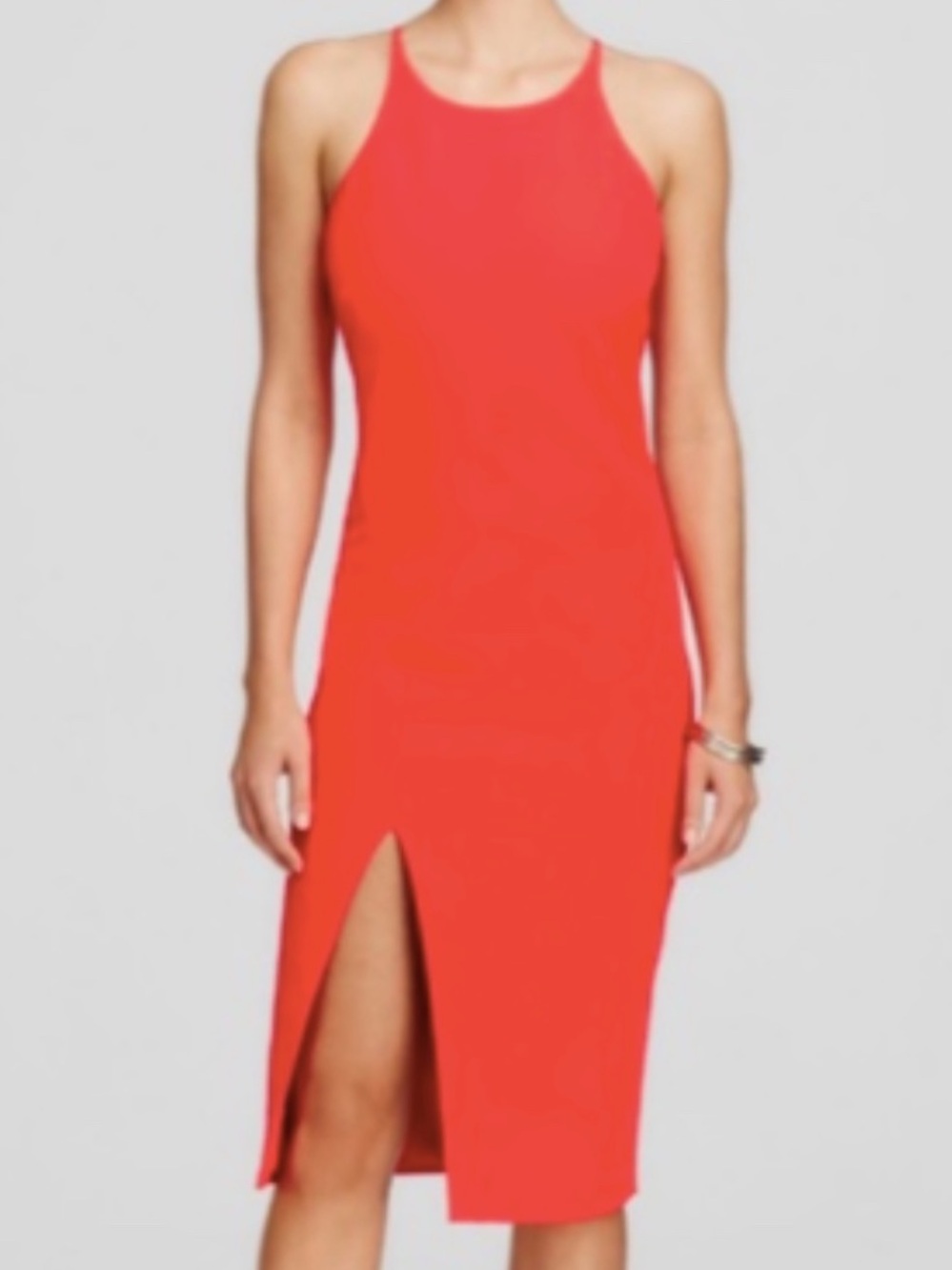 Bardot Coral-Red Halter Midi Dress with Front Slit